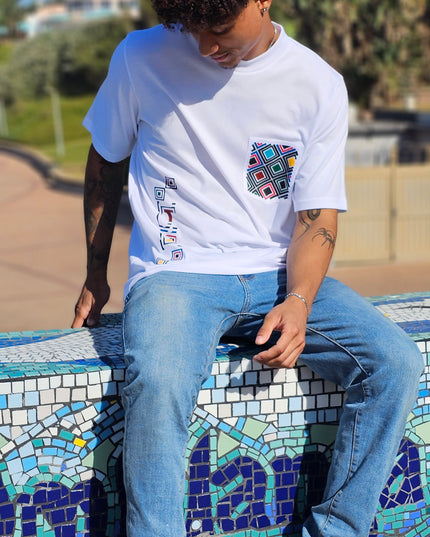 Designer Print Pocket T Short Sleeve - White