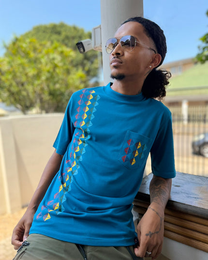 Designer Print Pocket T Short Sleeve - Petrol