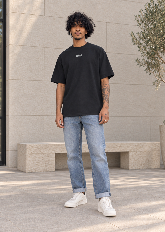 Heavyweight Relaxed Centre Logo Tee - Black Lt Grey