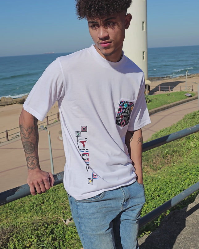 Designer Print Pocket T Short Sleeve - White