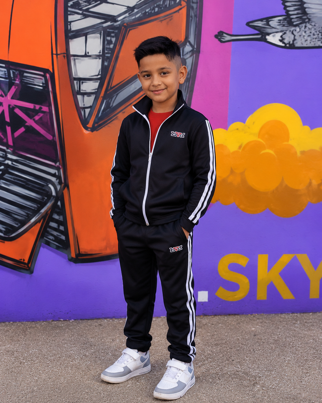 Kids Signature Double Stripe Tracksuit - Black/White